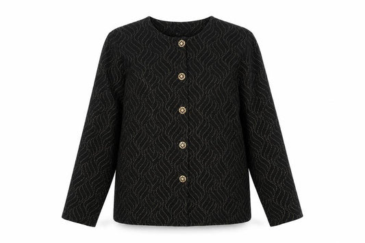 Front view of Bonmarché women’s black geometric jacket blazer, size UK 16, button
