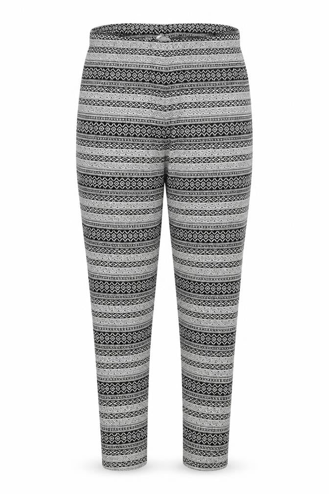 Front view of Srishti women’s black geometric cotton trousers, size M, regular drawstring