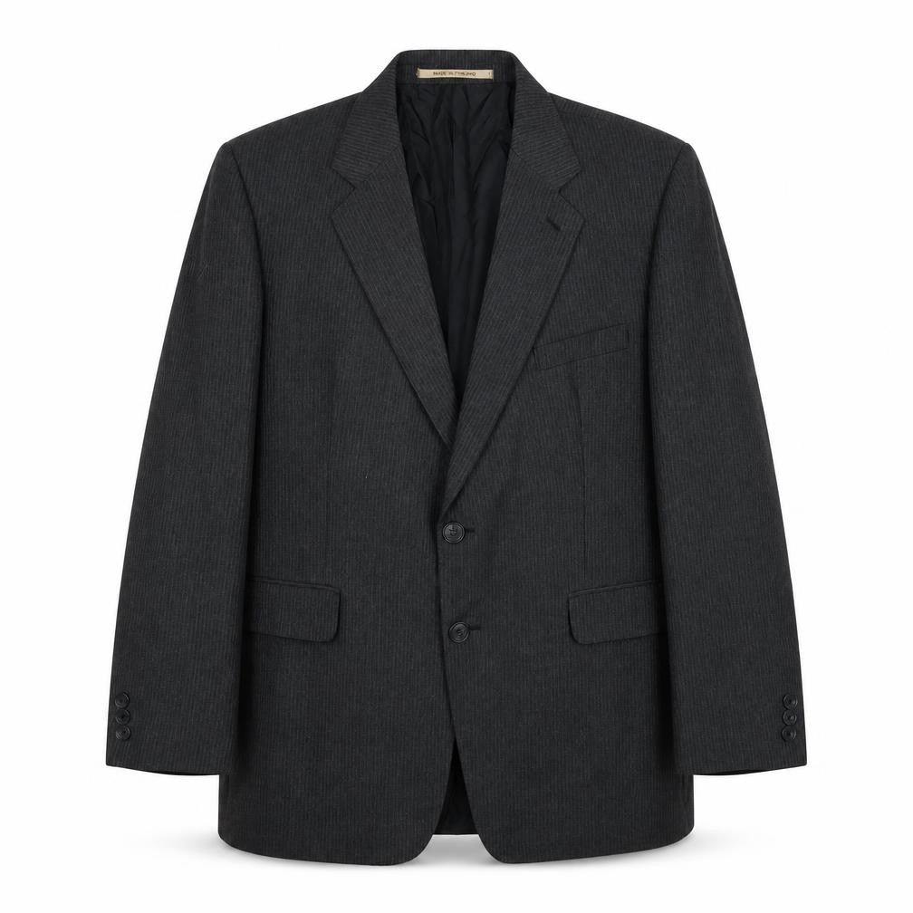 Front view of Made in Iceland men’s grey striped polyimide jacket suit, size 44, regular