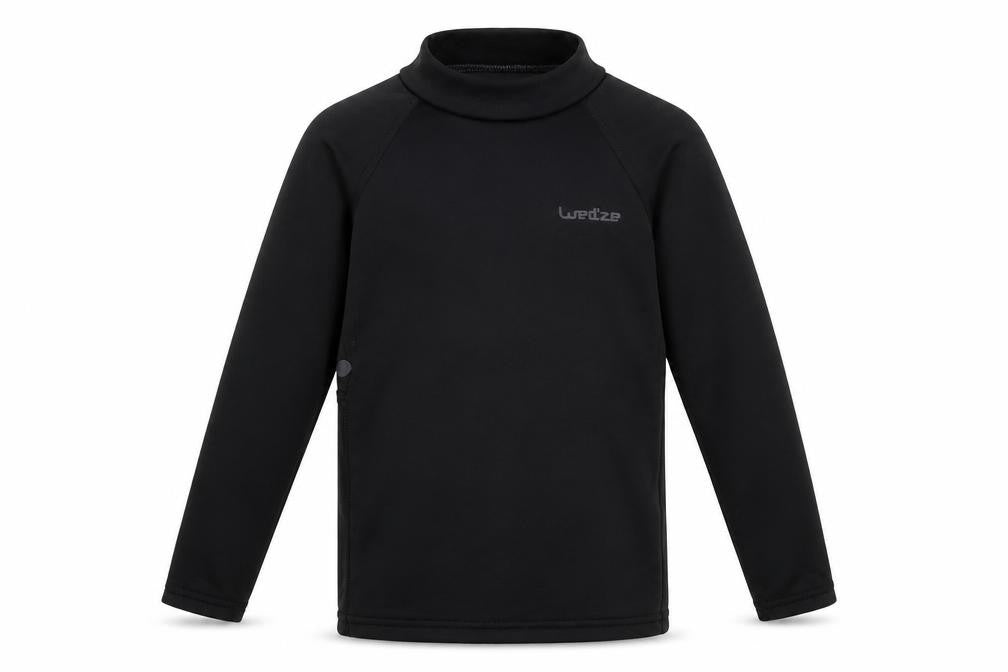 Front view of Decathlon boys’ black polyester pullover t-shirt, size 4, years mock neck pullover