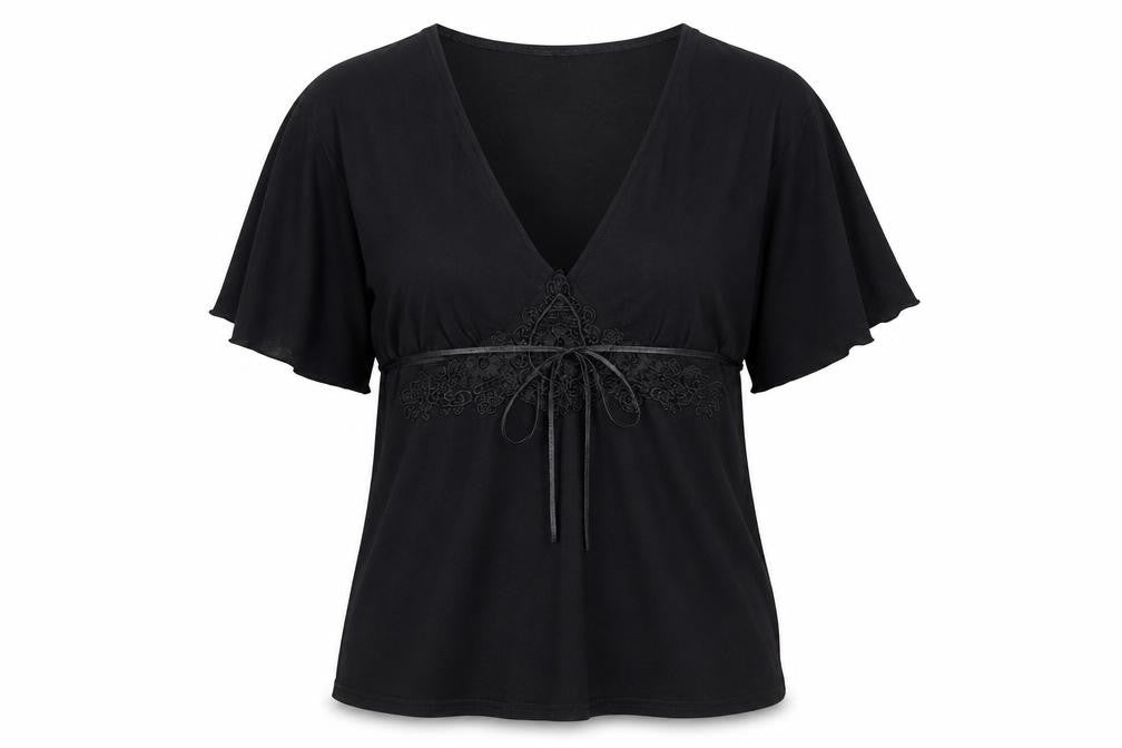 Front view of Red Herring women’s black viscose basic blouse, size UK 10, v-neck - lace detail