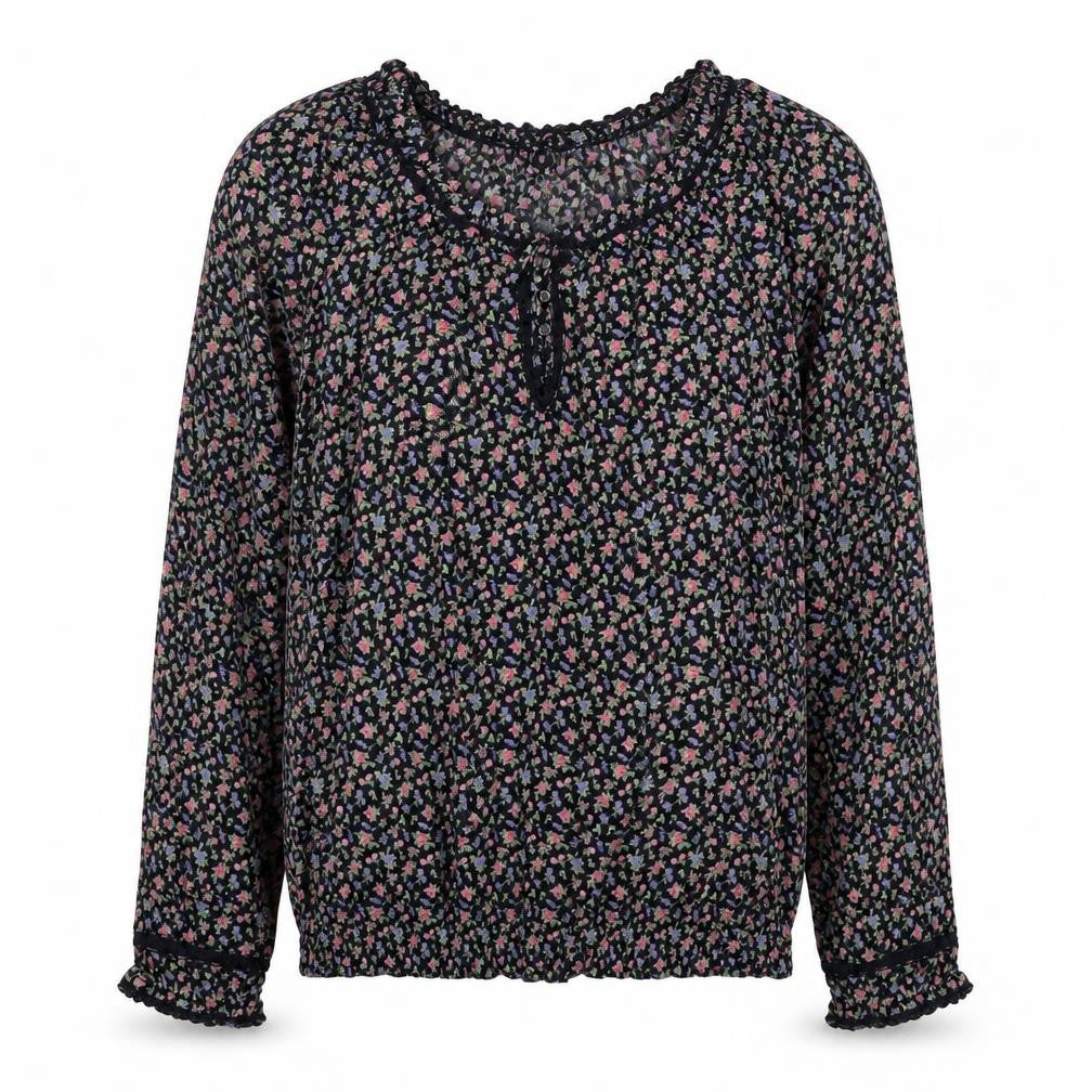 Front view of H&M women’s black geometric cotton basic blouse, size UK 10, v-neck