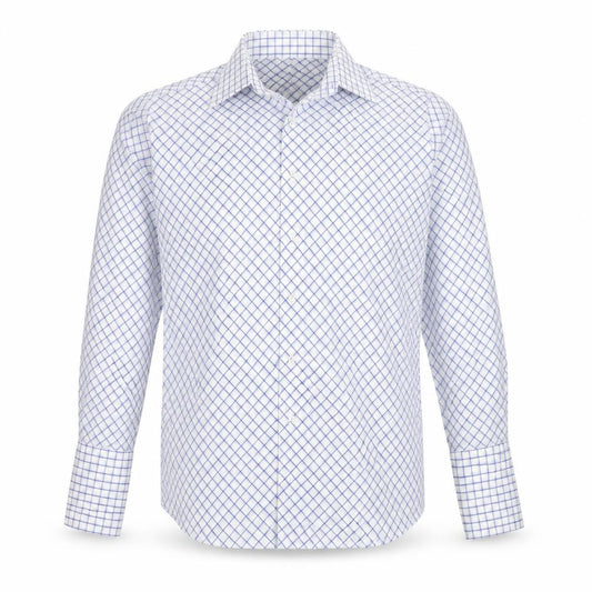 Front view of Topman men’s white animal print cotton button-up, size L, collared button