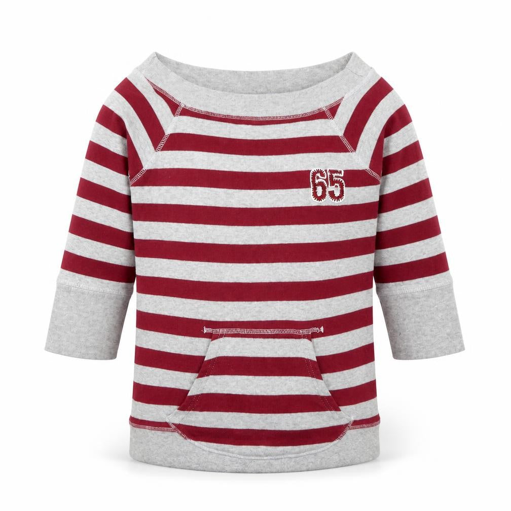 Front view of Next girls’ grey striped cotton pullover sweatshirt, size 9-10, years pullover