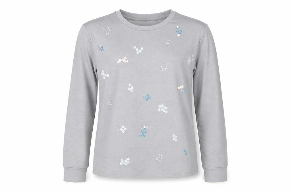 Front view of Marks & Spencer women’s grey cotton pullover sweatshirt, size UK 6, - sequins