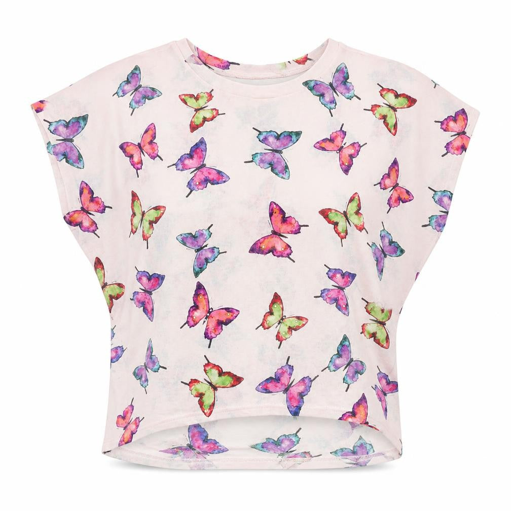 Front view of New Look women’s pink geometric polyester basic blouse, size S, round neck - butterfly print