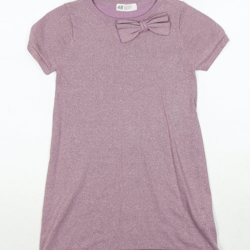 H&M Girls Pink Cotton T-Shirt Dress Size 6-7 Years Round Neck Pullover - Bow Detail