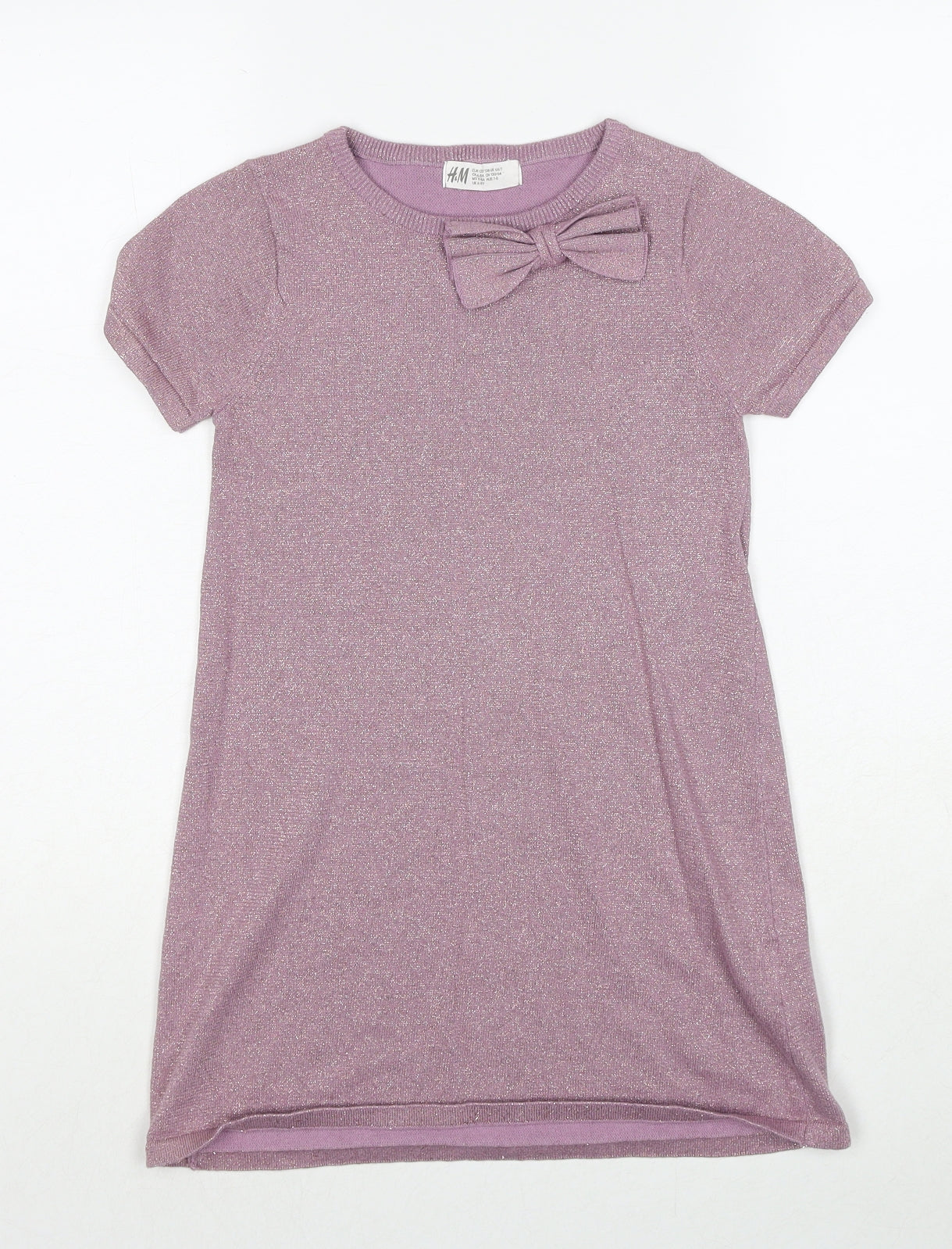 H&M Girls Pink Cotton T-Shirt Dress Size 6-7 Years Round Neck Pullover - Bow Detail