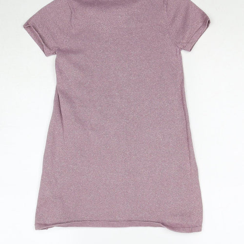 H&M Girls Pink Cotton T-Shirt Dress Size 6-7 Years Round Neck Pullover - Bow Detail
