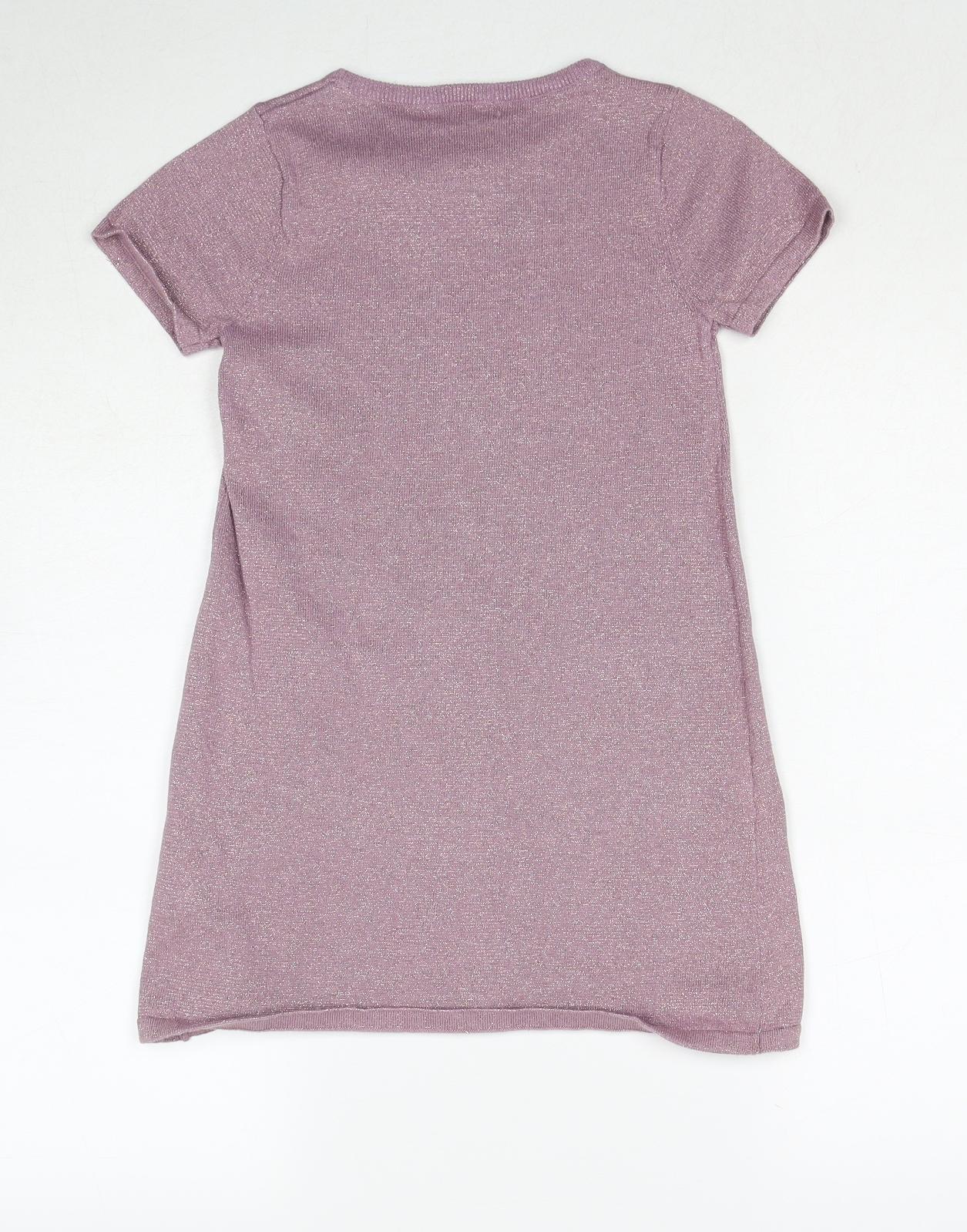 H&M Girls Pink Cotton T-Shirt Dress Size 6-7 Years Round Neck Pullover - Bow Detail