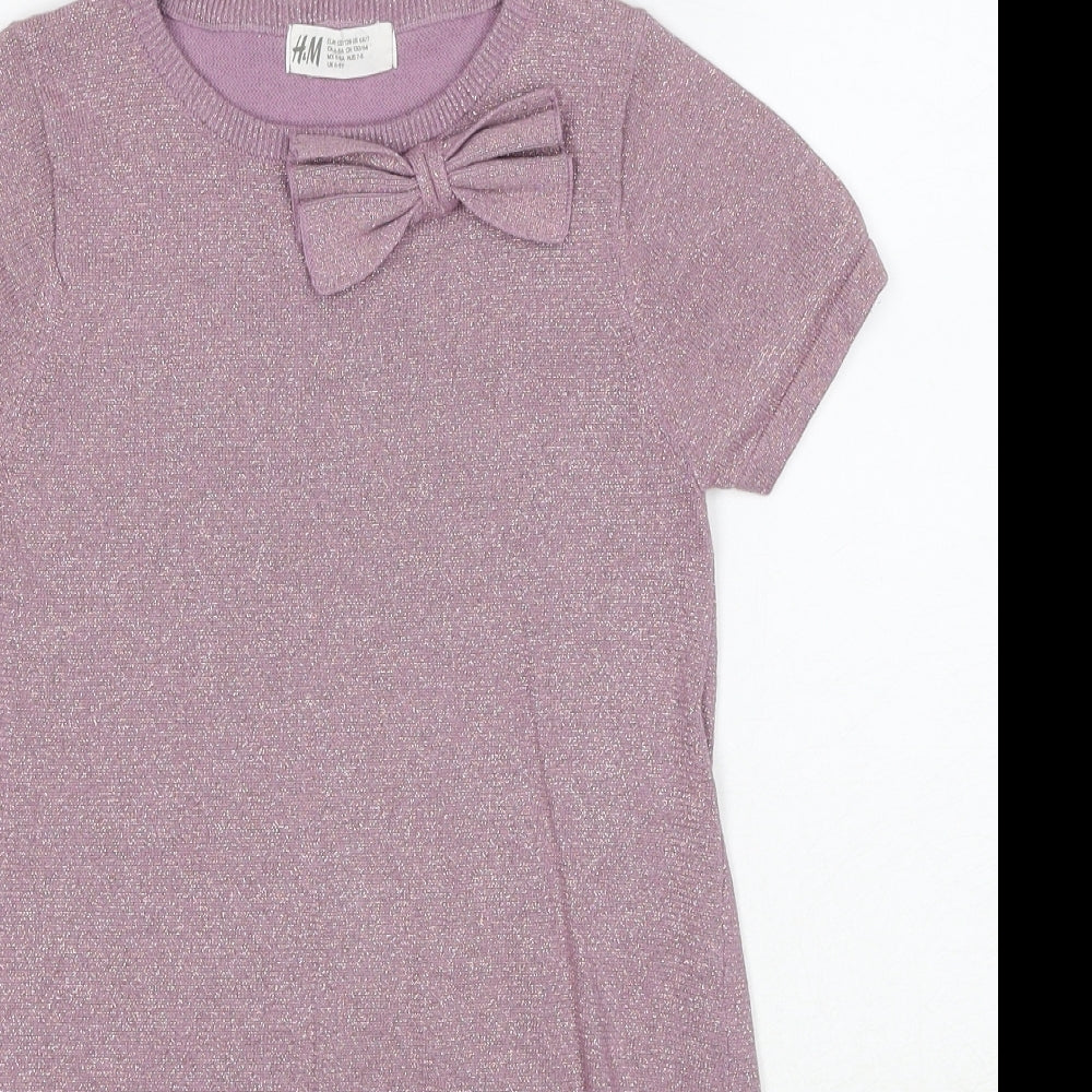 H&M Girls Pink Cotton T-Shirt Dress Size 6-7 Years Round Neck Pullover - Bow Detail