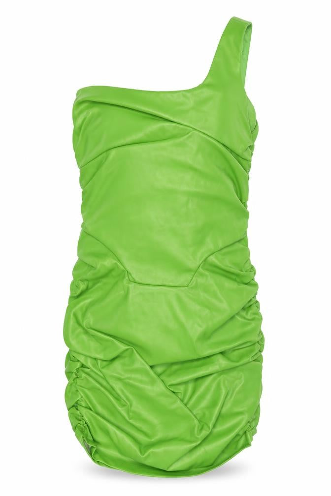 Front view of PRETTYLITTLETHING women’s green polyester bodycon, size UK 6, one shoulder pullover