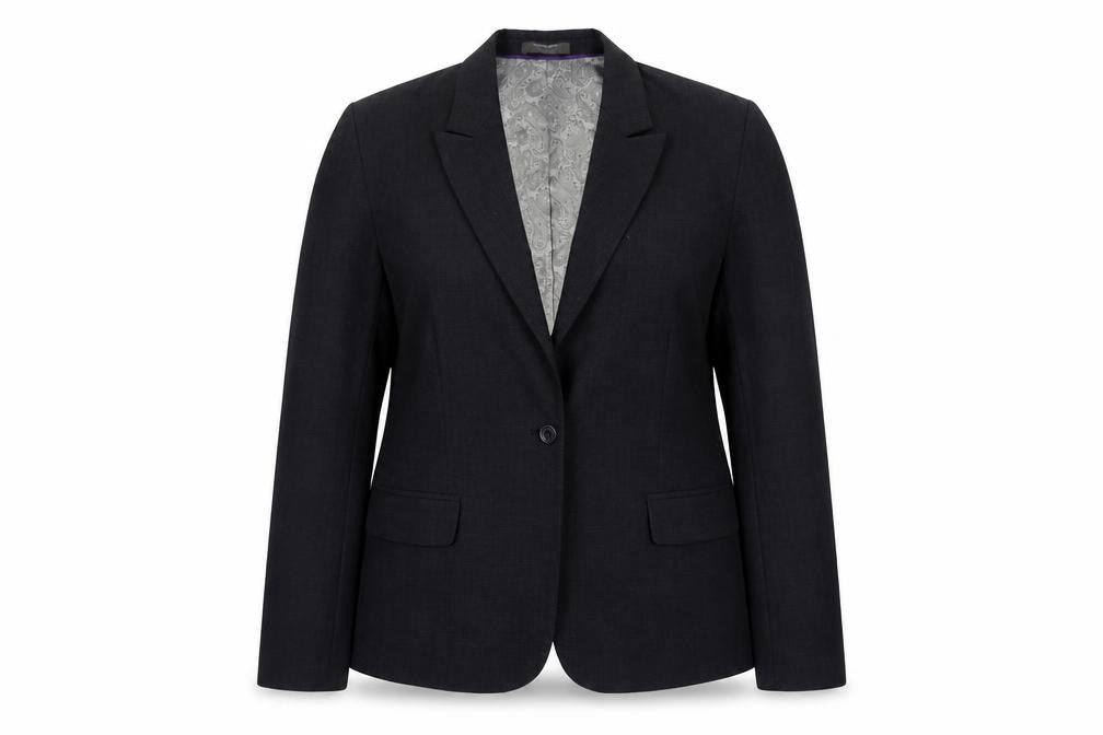 Front view of Simon Jersey women’s grey polyester jacket suit jacket, size UK 16, button