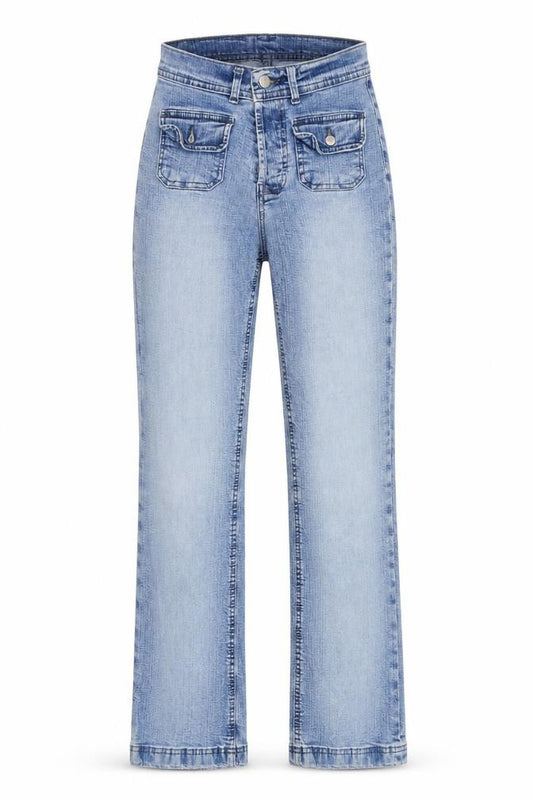 Front view of Patrol women’s blue cotton straight jeans, size UK 24, in, 30-inch leg regular zip