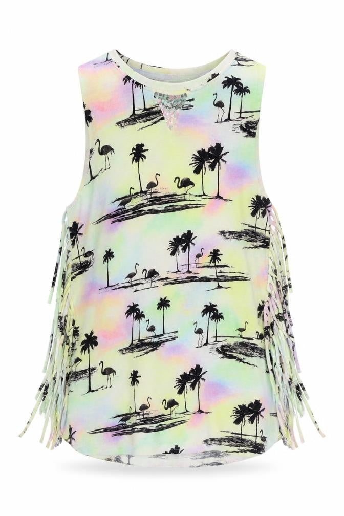 Front view of Next girls’ multicoloured geometric cotton pullover tank, size 6, years round neck pullover - palm tree print
