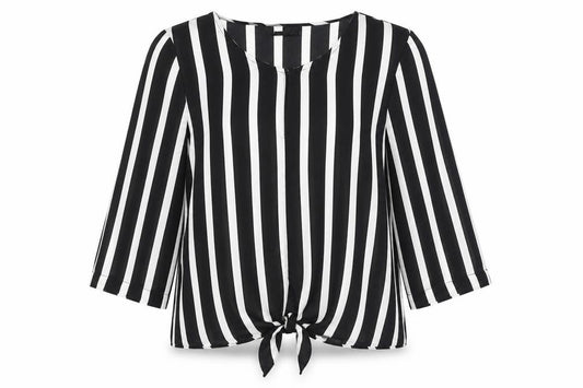 Front view of Wallis women’s black striped polyester basic blouse, size UK 8, round neck