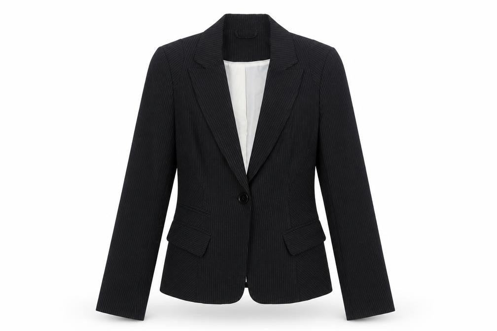 Front view of New Look women’s black striped polyester jacket suit jacket, size UK 12