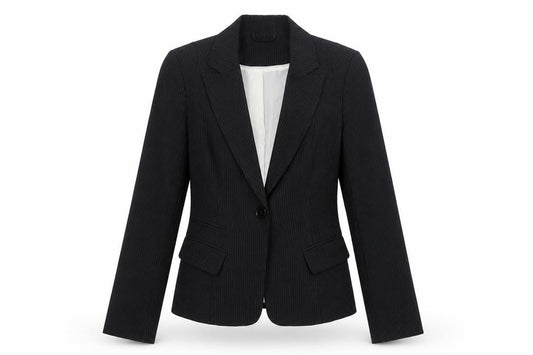 Front view of New Look women’s black striped polyester jacket suit jacket, size UK 12