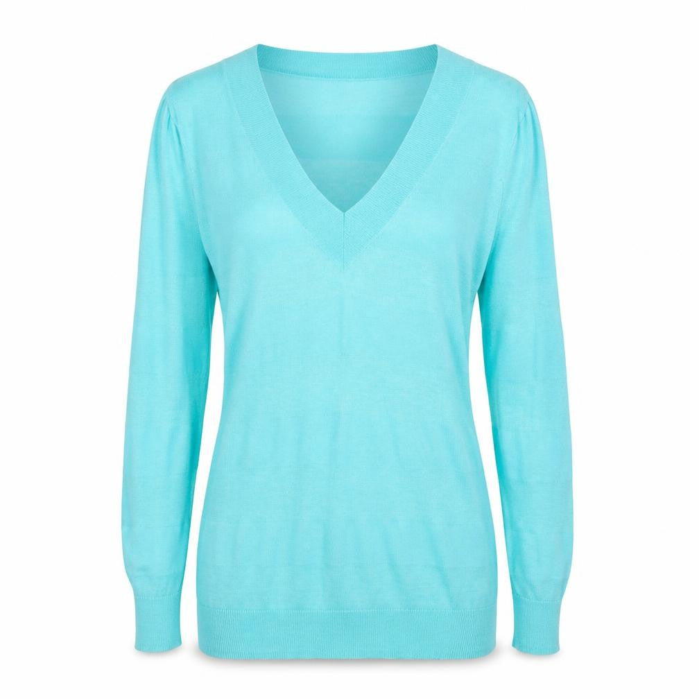 Front view of Gap women’s blue v-neck cotton jumper, size S