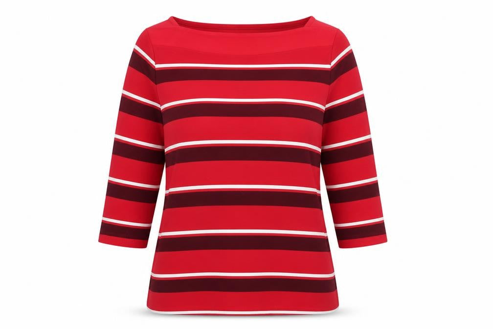 Front view of Marks & Spencer women’s red striped viscose basic blouse, size UK 12, round neck