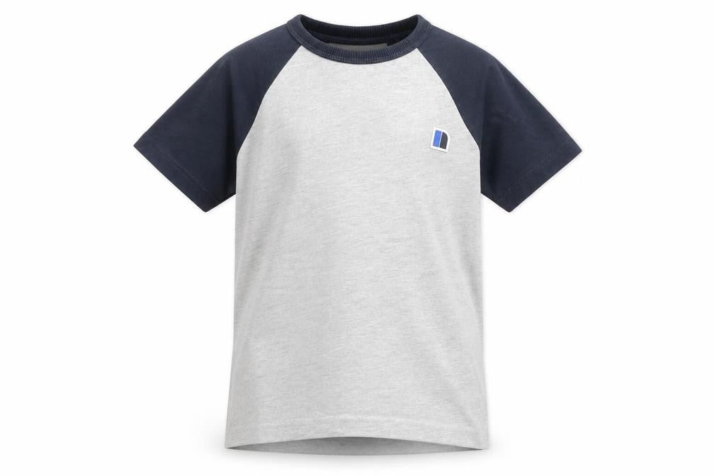 Front view of Next boys’ grey colourblock cotton pullover t-shirt, size 6, years round neck pullover