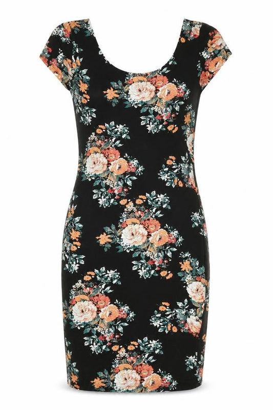 Front view of New Look women’s black floral cotton a-line, size UK 10, scoop neck pullover