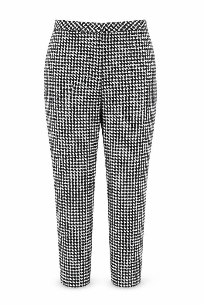 Front view of H&M women’s black geometric cotton chino trousers, size UK 6, regular hook & eye