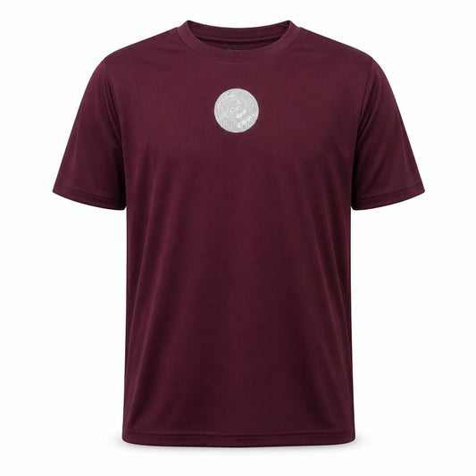 Front view of Boronia men’s red polyester pullover t-shirt, size S, crew neck pullover