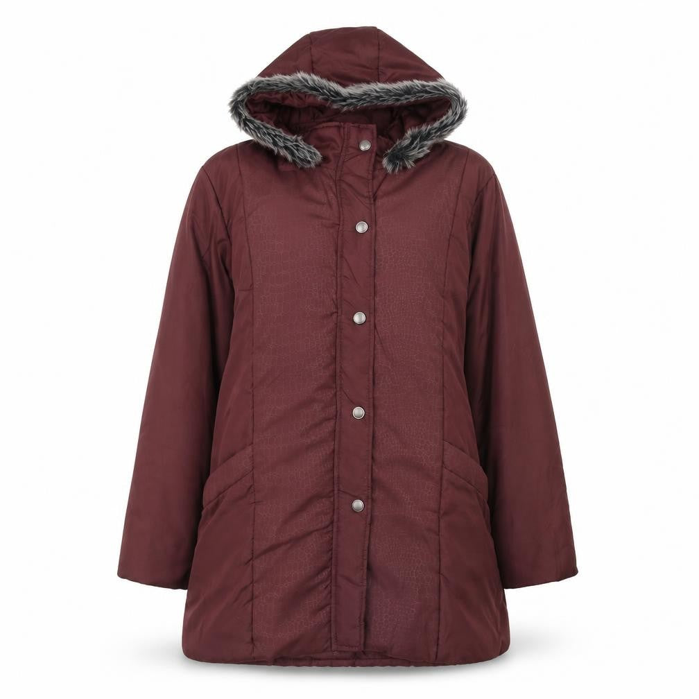 Front view of Anne De Lancay women’s red parka coat, size M, zip