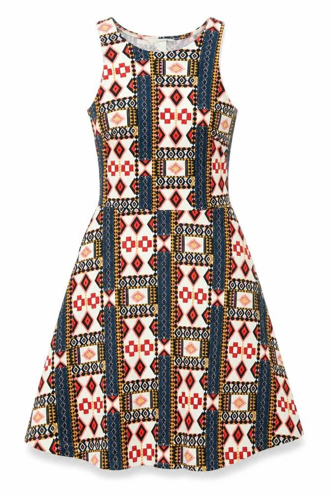 Front view of H&M women’s multicoloured geometric polyester fit & flare, size S, round neck pullover
