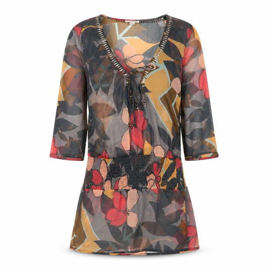 Front view of Accessorize women’s multicoloured geometric polyester a-line, size UK 8, v-neck pullover - beach cover up