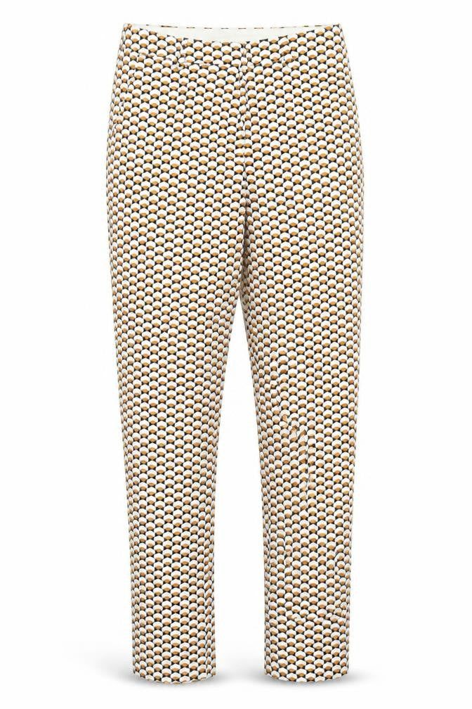 Front view of H&M women’s orange geometric cotton chino trousers, size UK 6, regular hook & eye