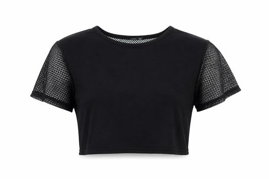 Front view of PRETTYLITTLETHING women’s black polyester cropped t-shirt, size UK 6, round neck - net detail