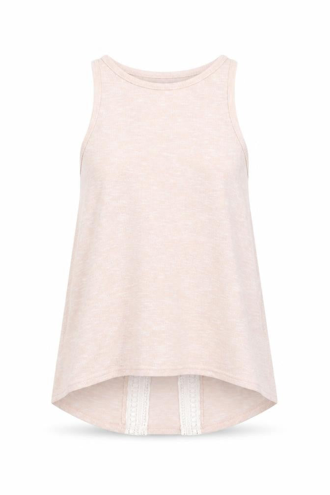Front view of New Look women’s pink polyester basic tank, size UK 8, round neck - lace details