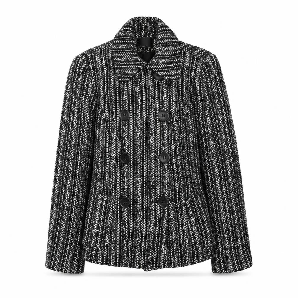 Front view of F&F women’s black geometric pea coat coat, size UK 12, button