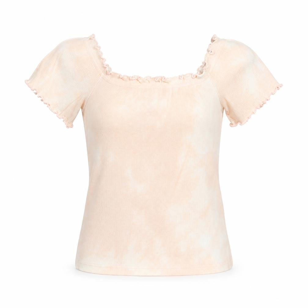 Front view of New Look women’s pink geometric cotton basic blouse, size UK 10, square neck