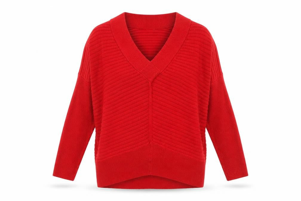 Front view of River Island women’s red v-neck viscose jumper, size S