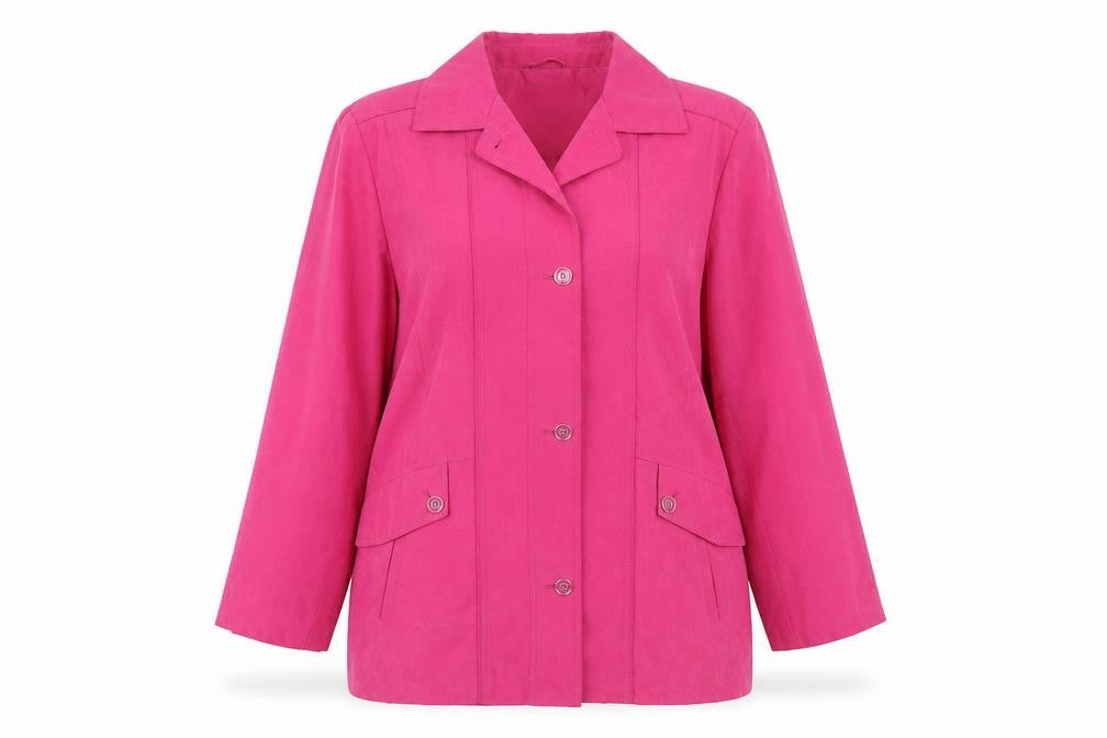 Front view of EWM women’s pink jacket, size UK 14, button