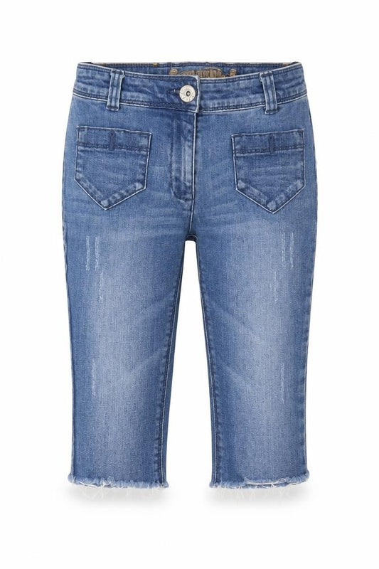 Front view of Next girls’ blue cotton cropped jeans, size 9, years regular zip