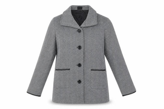 Front view of Anne De Lancay women’s grey geometric jacket, size L, buckle