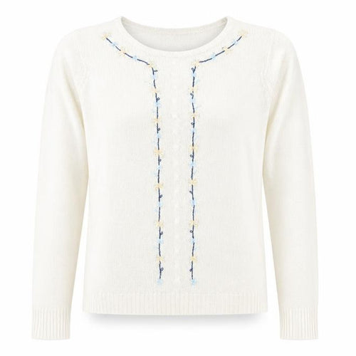 EWM Womens Ivory Round Neck Acrylic Pullover Jumper Size S - Flower Detail