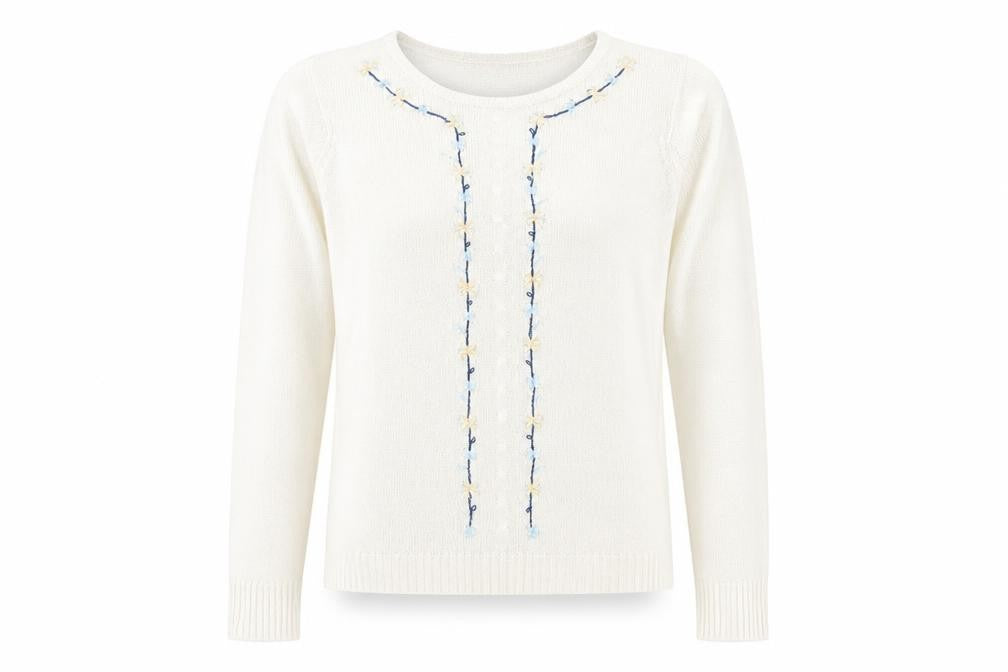 EWM Womens Ivory Round Neck Acrylic Pullover Jumper Size S - Flower Detail