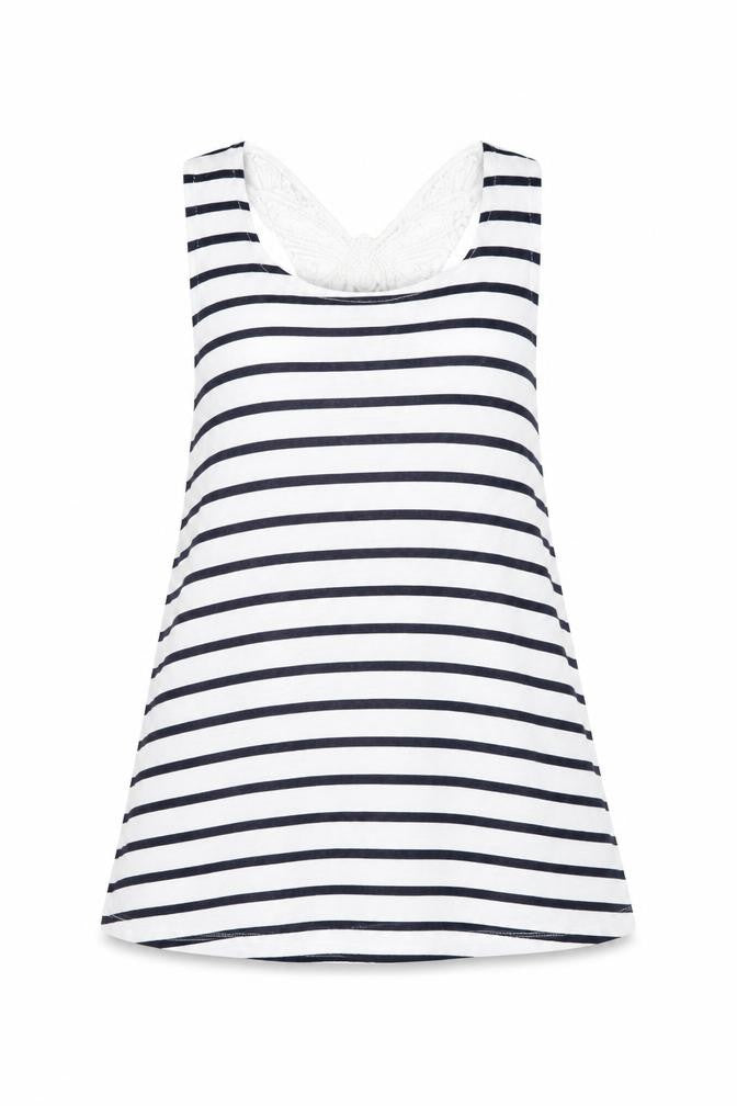 Front view of H&M girls’ multicoloured striped viscose basic tank, size 9-10, years round neck pullover - lace detail