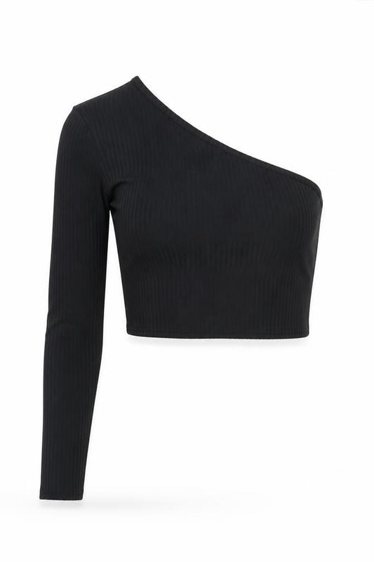 Front view of PRETTYLITTLETHING women’s black polyester cropped tank, size UK 10, one shoulder