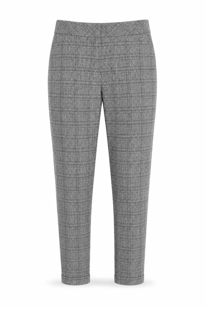 Front view of Marks & Spencer women’s grey plaid polyester carrot trousers, size UK 8, regular zip