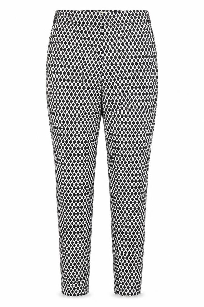 Front view of H&M women’s black geometric cotton chino trousers, size UK 8, regular zip