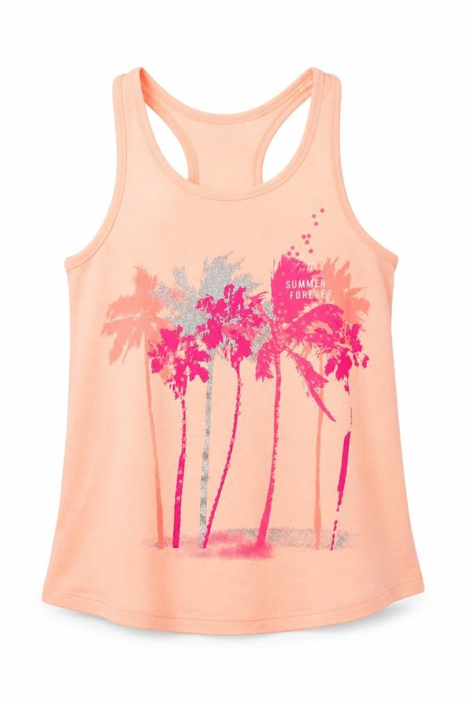 Front view of Gap girls’ orange cotton pullover tank, size L, scoop neck pullover - palm trees