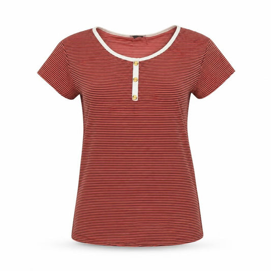 Front view of New Trend women’s red striped cotton basic t-shirt, size S, round neck