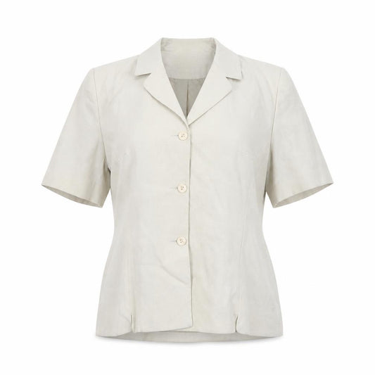 Front view of Izabelle women’s beige polyester jacket blazer, size UK 14