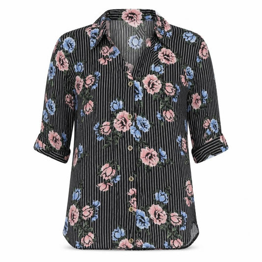 Front view of Select women’s black geometric viscose basic button-up, size UK 6, v-neck
